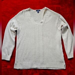Chaps Women Large V-Neck Ivory Metallic Gold Shimmering Knit Sweater